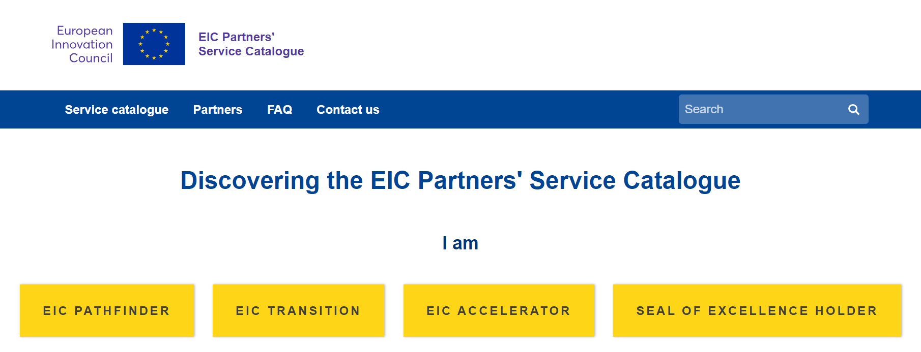 EIC Partners' Service Catalogue Homepage with funding instruments