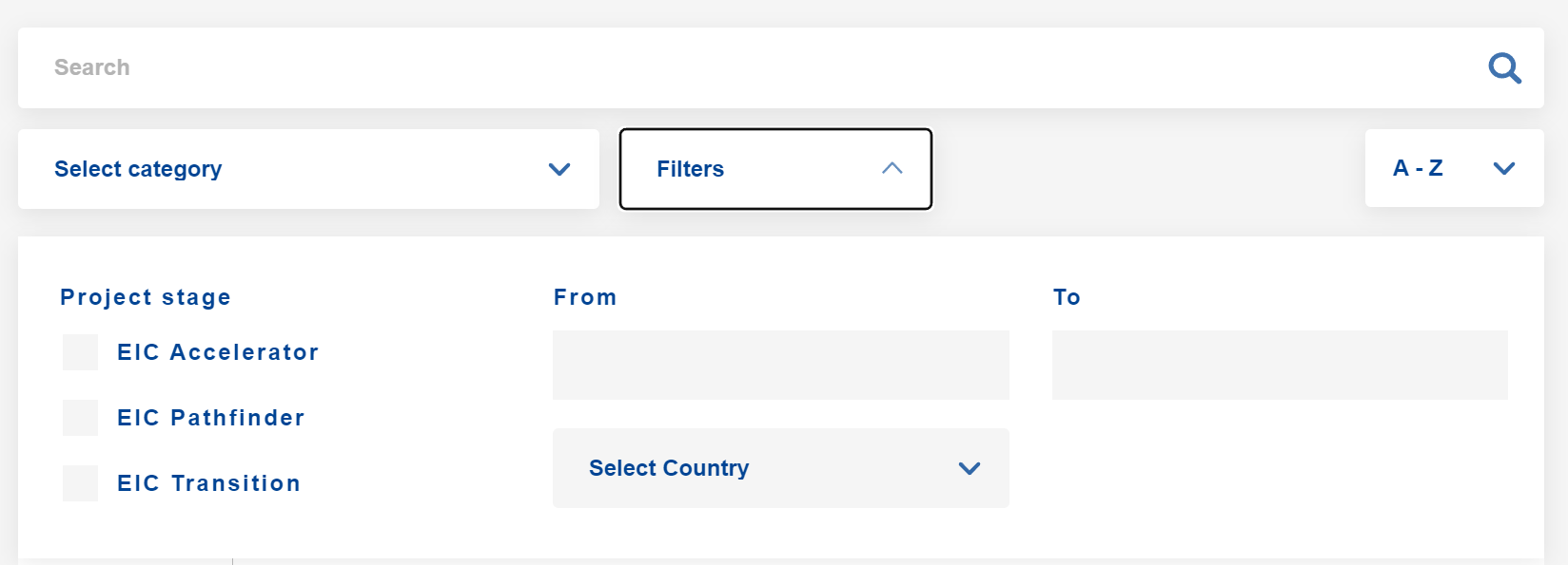 EIC Partners' Service Catalogue Filters