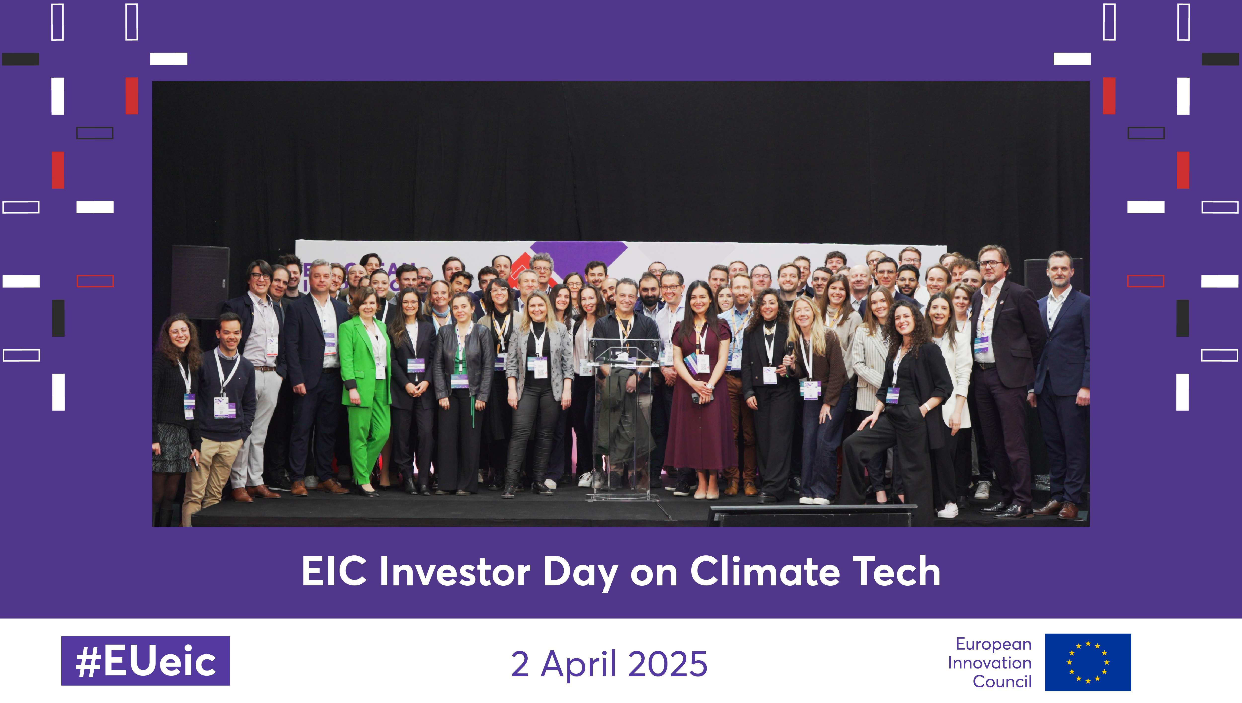 Participants, including EIC representatives, beneficiaries and organising team, posing for a family picture on stage at the EIC Investor Day on Climate Tech
